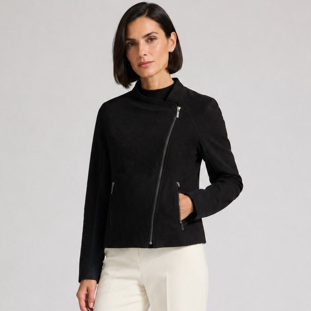 Bernardo Womens Moto Jacket Medium Black Faux Suede Zip Front Contrast Sleeve